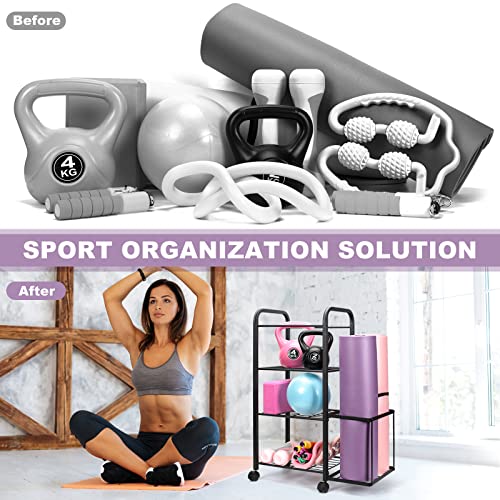 Emfogo Yoga Mat Holder Home Gym Storage Rack Yoga Mat Workout Storage for Foam Roller, Yoga Strap and Resistance Bands, Weight Rack for Dumbbells Workout Equipment Storage Organizer With Wheels