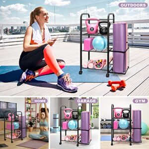 Emfogo Yoga Mat Holder Home Gym Storage Rack Yoga Mat Workout Storage for Foam Roller, Yoga Strap and Resistance Bands, Weight Rack for Dumbbells Workout Equipment Storage Organizer With Wheels