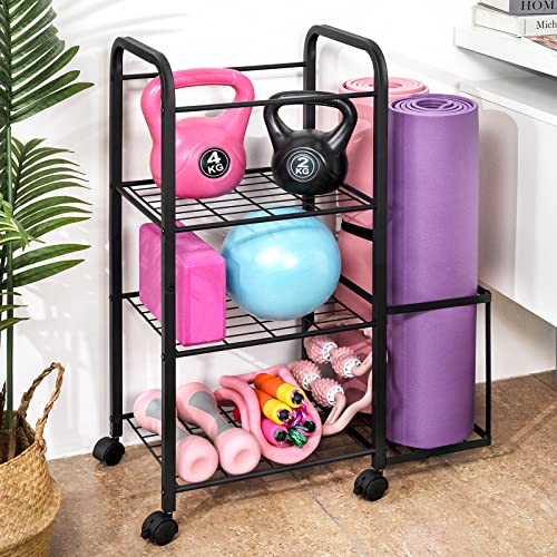 Emfogo Yoga Mat Holder Home Gym Storage Rack Yoga Mat Workout Storage for Foam Roller, Yoga Strap and Resistance Bands, Weight Rack for Dumbbells Workout Equipment Storage Organizer With Wheels