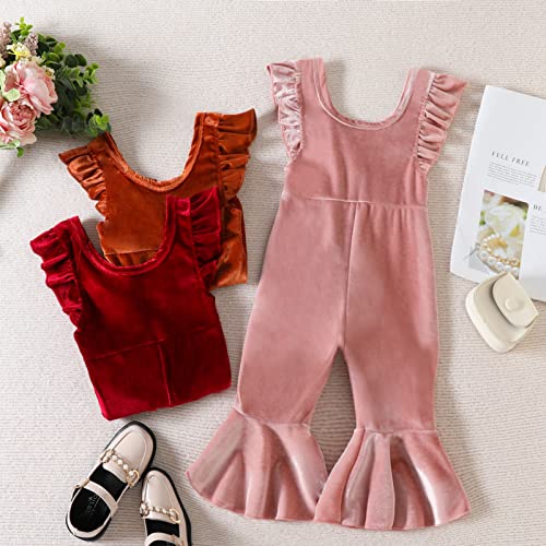 Toddler Baby Girl Ruffle Velvet Overalls Suspender Flare Pants Christmas One-piece Jumpsuit Bell Bottom Trousers (Pink , 6-12 Months )