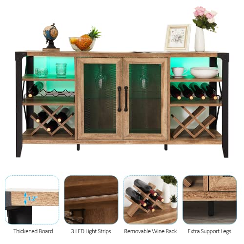 Vabches Wine Bar Cabinet for Liquor and Glasses, Farmhouse Coffee Cabinet, Home Living Room Dining Room, Sideboard Buffet with Storage Kitchen, 58 in(L) (Rustic Oak)