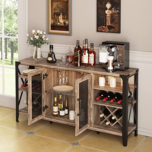 Vabches Wine Bar Cabinet for Liquor and Glasses, Farmhouse Coffee Cabinet, Home Living Room Dining Room, Sideboard Buffet with Storage Kitchen, 58 in(L) (Rustic Oak)