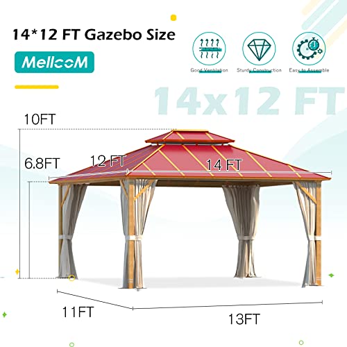 MELLCOM 12' x 14' Hardtop Gazebo, Wooden Finish Coated Aluminum Frame Outdoor Gazebo with Aluminum Double Roof, Claret Metal Gazebo with Curtains and Nettings for Patios, Gardens, Lawns