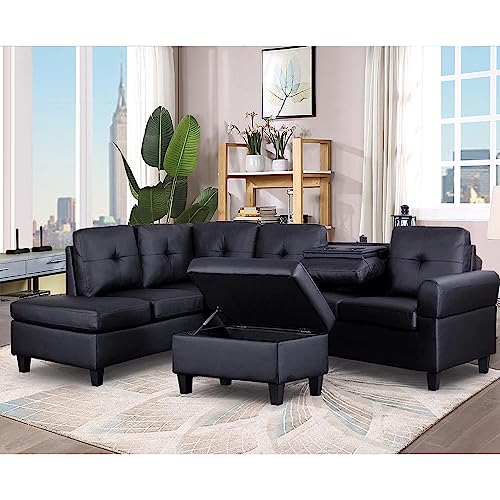 Goohome Sectional, L-Shaped Storage Ottoman/2 Cup Holder,Modular Comfortable Upholstered Couches with Extra Wide Chaise Lounge,Sofas for Home/Office Living Room Furniture Sets, Black