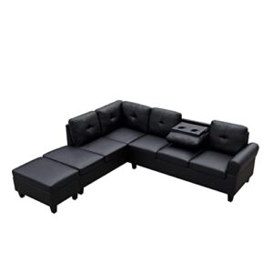 Goohome Sectional, L-Shaped Storage Ottoman/2 Cup Holder,Modular Comfortable Upholstered Couches with Extra Wide Chaise Lounge,Sofas for Home/Office Living Room Furniture Sets, Black