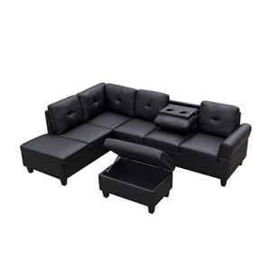 Goohome Sectional, L-Shaped Storage Ottoman/2 Cup Holder,Modular Comfortable Upholstered Couches with Extra Wide Chaise Lounge,Sofas for Home/Office Living Room Furniture Sets, Black