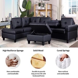 Goohome Sectional, L-Shaped Storage Ottoman/2 Cup Holder,Modular Comfortable Upholstered Couches with Extra Wide Chaise Lounge,Sofas for Home/Office Living Room Furniture Sets, Black