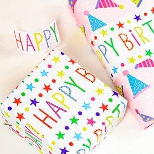 MAYPLUSS Birthday Wrapping Paper Roll - Mini Roll - 17.3 Inch X 32.8 Feet - Pink Design - Colorful Hat/Birthday Text (47.3 sq.ft.ttl)