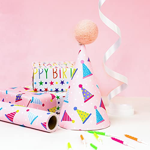 MAYPLUSS Birthday Wrapping Paper Roll - Mini Roll - 17.3 Inch X 32.8 Feet - Pink Design - Colorful Hat/Birthday Text (47.3 sq.ft.ttl)