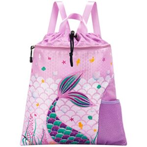 wawsam mermaid gym drawstring backpack string bag - 15” × 17” sports gym bag for girls kids waterproof swimming beach shopping yoga sackpack birthday gift with zippered pocket and water bottle pocket