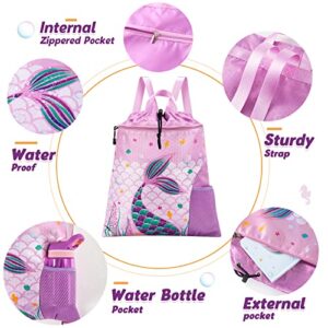 WAWSAM Mermaid Gym Drawstring Backpack String Bag - 15” × 17” Sports Gym Bag for Girls Kids Waterproof Swimming Beach Shopping Yoga Sackpack Birthday Gift with Zippered Pocket and Water Bottle Pocket