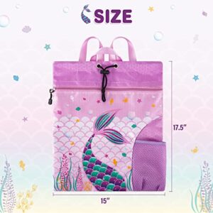 WAWSAM Mermaid Gym Drawstring Backpack String Bag - 15” × 17” Sports Gym Bag for Girls Kids Waterproof Swimming Beach Shopping Yoga Sackpack Birthday Gift with Zippered Pocket and Water Bottle Pocket