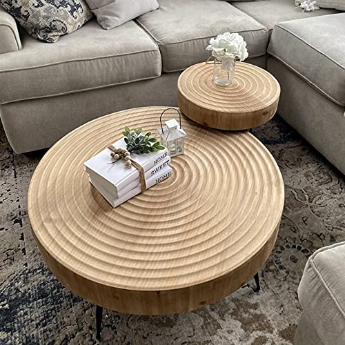 Uspeedy 2-Piece Farmhouse Wooden Coffee Table Set,Boho Coffee Table,Living Room Round Coffee Table Set,Nesting Table Round Wooden Finish with Ring Motif (Wood 1)