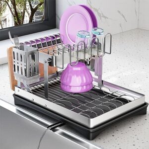 dish drying rack, collapsible dish rack for kitchen counter, 2 tier stainless steel dish racks with dish drainer board for storage dishes, foldable countertop plate dryer organizer with utensil holder