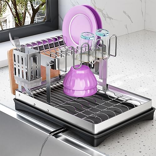 Dish Drying Rack, Collapsible Dish Rack for Kitchen Counter, 2 Tier Stainless Steel Dish Racks with Dish Drainer Board for Storage Dishes, Foldable Countertop Plate Dryer Organizer with Utensil Holder