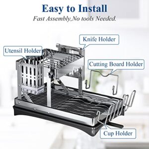 Dish Drying Rack, Collapsible Dish Rack for Kitchen Counter, 2 Tier Stainless Steel Dish Racks with Dish Drainer Board for Storage Dishes, Foldable Countertop Plate Dryer Organizer with Utensil Holder