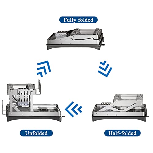 Dish Drying Rack, Collapsible Dish Rack for Kitchen Counter, 2 Tier Stainless Steel Dish Racks with Dish Drainer Board for Storage Dishes, Foldable Countertop Plate Dryer Organizer with Utensil Holder