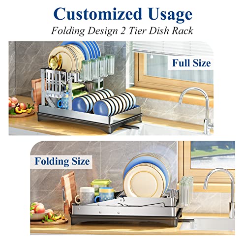 Dish Drying Rack, Collapsible Dish Rack for Kitchen Counter, 2 Tier Stainless Steel Dish Racks with Dish Drainer Board for Storage Dishes, Foldable Countertop Plate Dryer Organizer with Utensil Holder