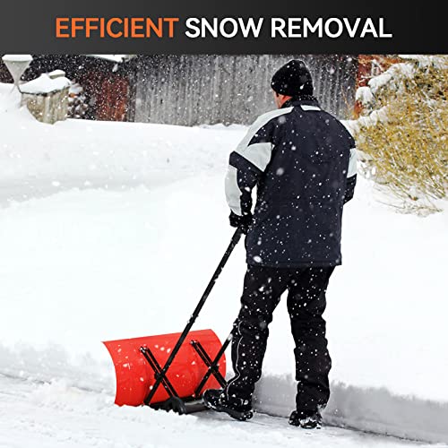 KioGro Metal Snow Shovel, Wheeled Snow Pusher Shovel with Adjustable Handle 30-Inch Heavy Duty Blade Snow Removal for Driveway, Decks, Sidewalks