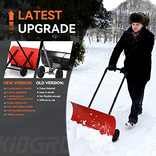 KioGro Metal Snow Shovel, Wheeled Snow Pusher Shovel with Adjustable Handle 30-Inch Heavy Duty Blade Snow Removal for Driveway, Decks, Sidewalks