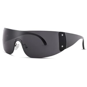 nulooq rimless y2k sunglasses for women men trendy shield wrap around sun glasses oversized frameless shades (black/gray)