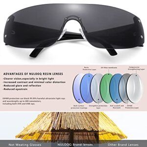 NULOOQ Rimless Y2K Sunglasses for Women Men Trendy Shield Wrap Around Sun Glasses Oversized Frameless Shades (Black/Gray)