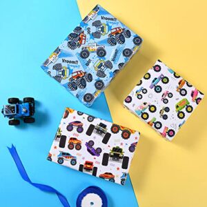 Titiweet Monster Truck Wrapping Paper for Boys Kids - Racing Wrapping Paper, 12 Sheets Car Wrapping Paper for Christmas Birthday Holiday, 20 x 28 Inches Per Sheet (Monster Truck(12 sheets))