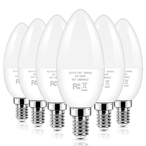 Brightever Candelabra 40W Equivalent LED Light Bulbs, 4W Candle Light Bulbs with Small E12 Base, Daylight White 5000K Ceiling Fan Lightbulbs, Type B Bulb for Wall Sconces, Non-Dimmable, Pack of 6