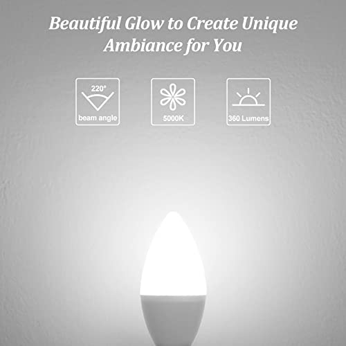 Brightever Candelabra 40W Equivalent LED Light Bulbs, 4W Candle Light Bulbs with Small E12 Base, Daylight White 5000K Ceiling Fan Lightbulbs, Type B Bulb for Wall Sconces, Non-Dimmable, Pack of 6