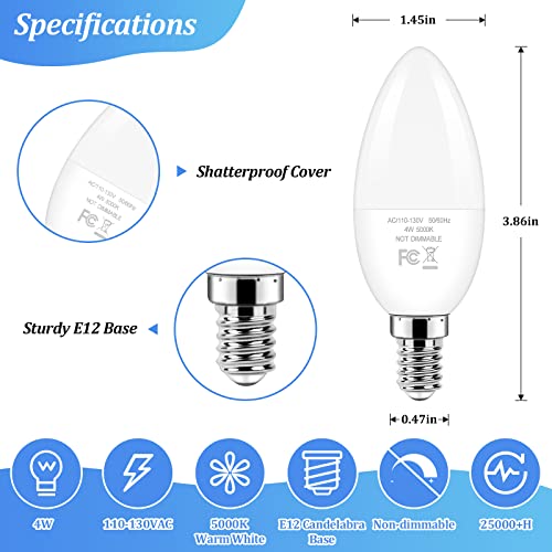 Brightever Candelabra 40W Equivalent LED Light Bulbs, 4W Candle Light Bulbs with Small E12 Base, Daylight White 5000K Ceiling Fan Lightbulbs, Type B Bulb for Wall Sconces, Non-Dimmable, Pack of 6