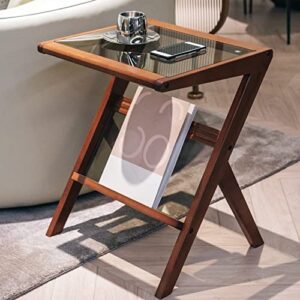 tzk side table z shape end table with tempered glass top, solid wood modern simplistic style coffee table for sofa couch,living room,bedroom(walnut)