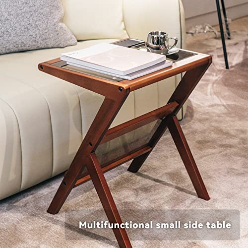 TZK Side Table Z Shape End Table with Tempered Glass Top, Solid Wood Modern Simplistic Style Coffee Table for Sofa Couch,Living Room,Bedroom(Walnut)