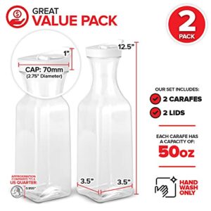 Plastic Juice Carafe with Lids (Set of 2) 50 oz Carafes for Mimosa Bar, Drink Pitcher with Lid, Water Bottle, Milk Container, Clear Beverage Containers for Fridge, Pantry Storage, Square Pitchers