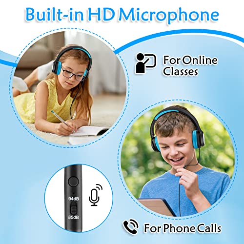 Kids Headphones with Microphone, Wired Headsets for Kid Child Teens Boys Girls with 85dB/94dB Volume Limit, Foldable Adjustable for School, Travel, 3.5mm Audio Jack for iPad, Tablet, PC, Chromebook