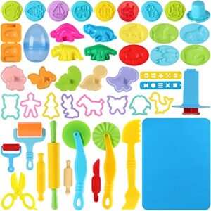 oun nana playdough tools 53 pcs dough tools kits for kids, playdough accessories various shape molds, animal, dinosaur, stamps, scissors, extruder, cutters, rollers, dough mat with storage bag