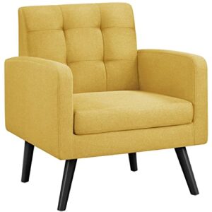 yaheetech mid-century accent chairs, modern upholstered living room chair, cozy armchair button tufted back and wood legs for bedroom/office/cafe, yellow