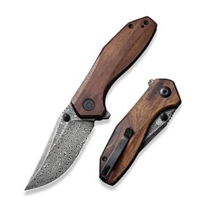 civivi odd 22 pocket knife for edc, tuffknives 2.97 inch damascus blade cuibourtia wood handle with thumb stud and reversible pocket clip, folding knife for utility hiking camping fishing work outdoor c21032-ds1