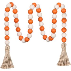 meplait wood bead garland,39in farmhouse beads with tassels boho beads for tiered tray decorative beads home decor（orange & natural）