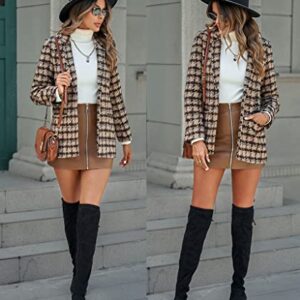 MEROKEETY Women's Long Sleeve Notch Lapel Fashion Plaid Jacket Coat Open Front Pockets Blazer Suit, Brown, L