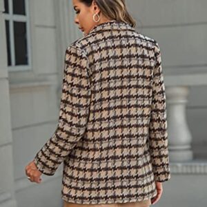 MEROKEETY Women's Long Sleeve Notch Lapel Fashion Plaid Jacket Coat Open Front Pockets Blazer Suit, Brown, L