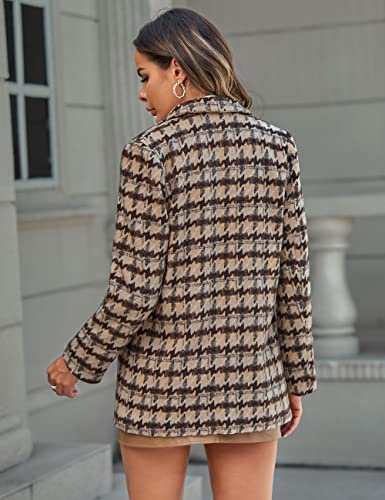 MEROKEETY Women's Long Sleeve Notch Lapel Fashion Plaid Jacket Coat Open Front Pockets Blazer Suit, Brown, L