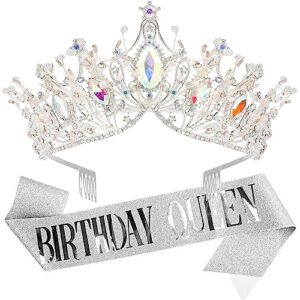 cocide birthday queen sash & crystal tiara set birthday silver tiara and crowns for women birthday sash for girls birthday decorations set rhinestone headband hair accessories glitter sashes for party