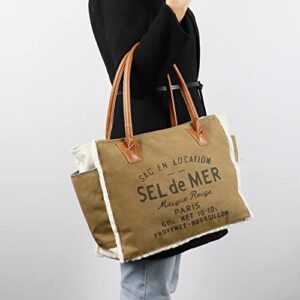 Lamyba Sel De Mer Canvas HandBag Upcycled Canvas Vegan Leather Tote Bag, Large Brown