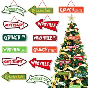 christmas tree decorations, 16pcs grinch christmas ornament paper cards hanging welcome to whoville christmas tree decorations for winter christmas furry grinch's lair themed party favor supplies