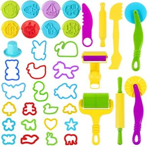 oun nana playdough tools 37 pcs play dough tools set for kids, playdough accessories various shape animal molds, playdough cutters and rollers(random color)