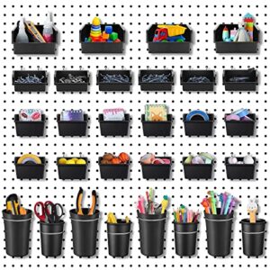 roowest 60 pcs pegboard cups pegboard bins set, pegboard wall organizer with hooks and loops, peg hooks assortment organizer accessory for office storage garage craft workshop (black)