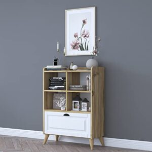 lawa furniture modern bookcase with storage cabinet, 4 cube bookshelf cabinet with legs, short wood bookshelf for bedroom, living room, kids room, office or kitchen