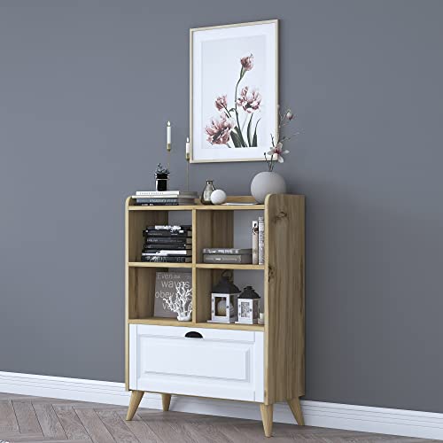 LAWA FURNITURE Modern Bookcase with Storage Cabinet, 4 Cube Bookshelf Cabinet with Legs, Short Wood Bookshelf for Bedroom, Living Room, Kids Room, Office or Kitchen