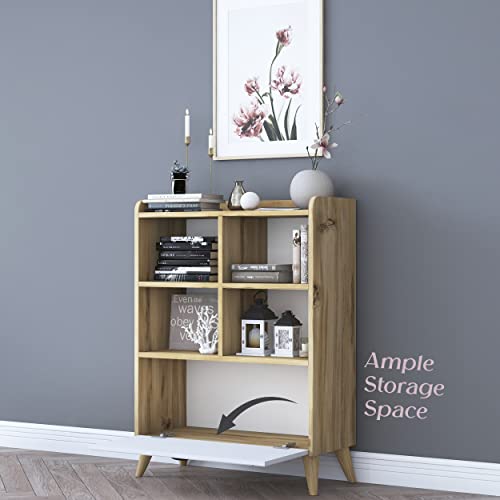 LAWA FURNITURE Modern Bookcase with Storage Cabinet, 4 Cube Bookshelf Cabinet with Legs, Short Wood Bookshelf for Bedroom, Living Room, Kids Room, Office or Kitchen