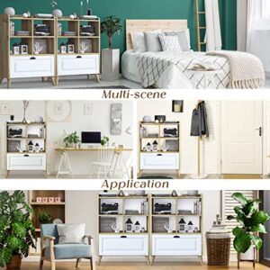 LAWA FURNITURE Modern Bookcase with Storage Cabinet, 4 Cube Bookshelf Cabinet with Legs, Short Wood Bookshelf for Bedroom, Living Room, Kids Room, Office or Kitchen